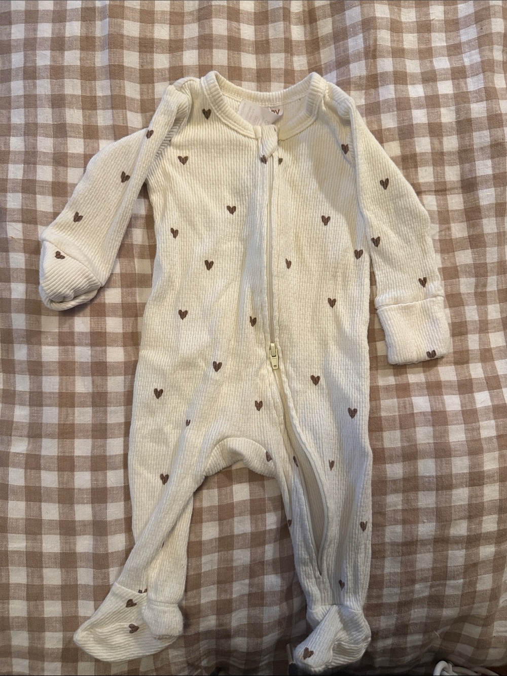 Cotton On Cream Footed One-Piece with Brown Heart Print